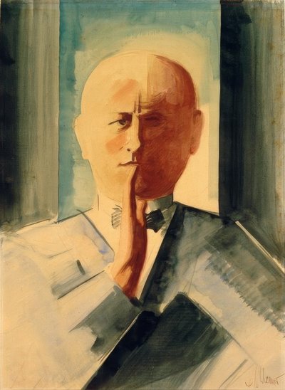 Zelfportret met opgeheven hand door Oskar Schlemmer